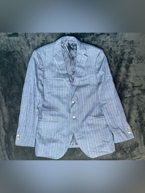 Proper Cloth Blazer Mens 40R Leomaster Navy Linen Blend Stretch Herringbone 2